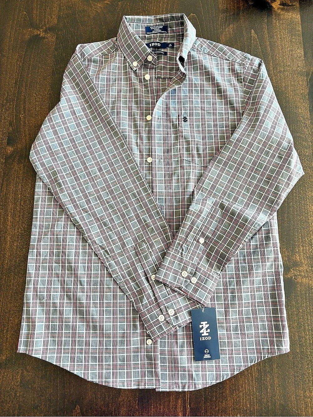 IZOD Stretch Performance Plaid Shirt Plaid Stretch Shirt in Gray & Red Size